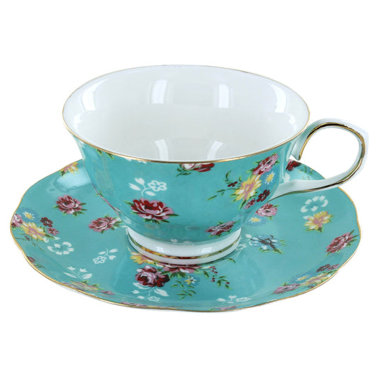 Shabby Rose Turquoise Porcelain - Tea Cup and Saucer Set - Image 1