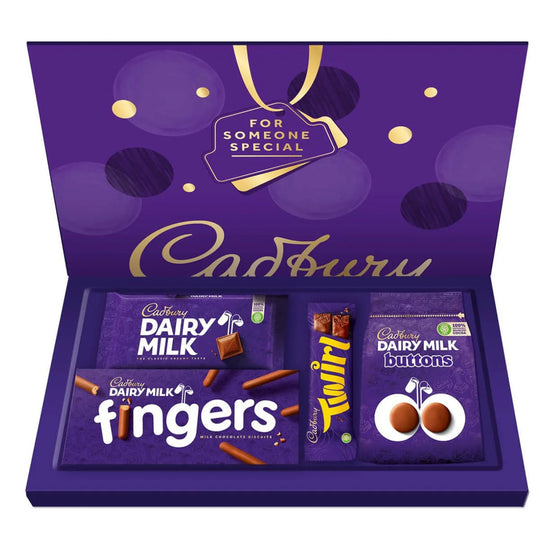 Cadbury chocolate gift set with various flavors in a purple box