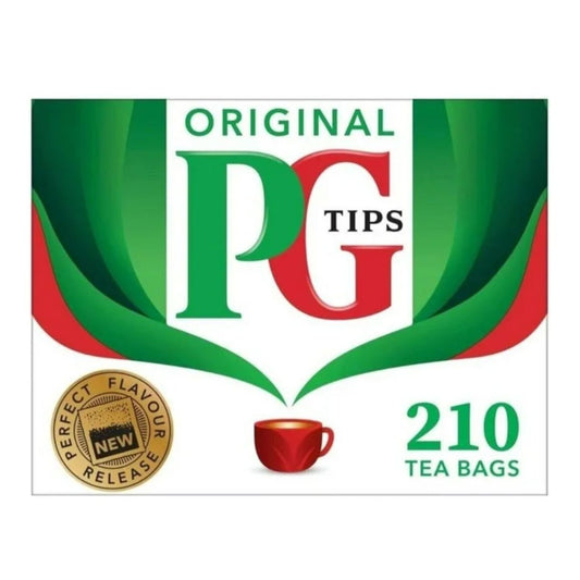 PG Tips tea packaging with red cup and green leaves on a white background