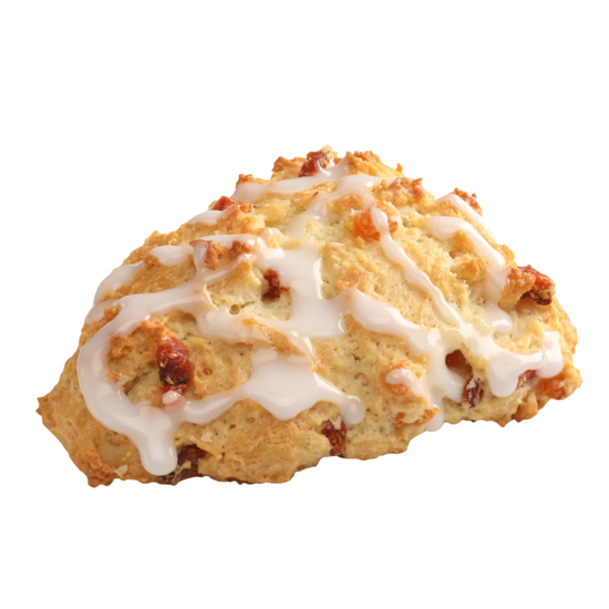 Apricot scone with white icing on a white background