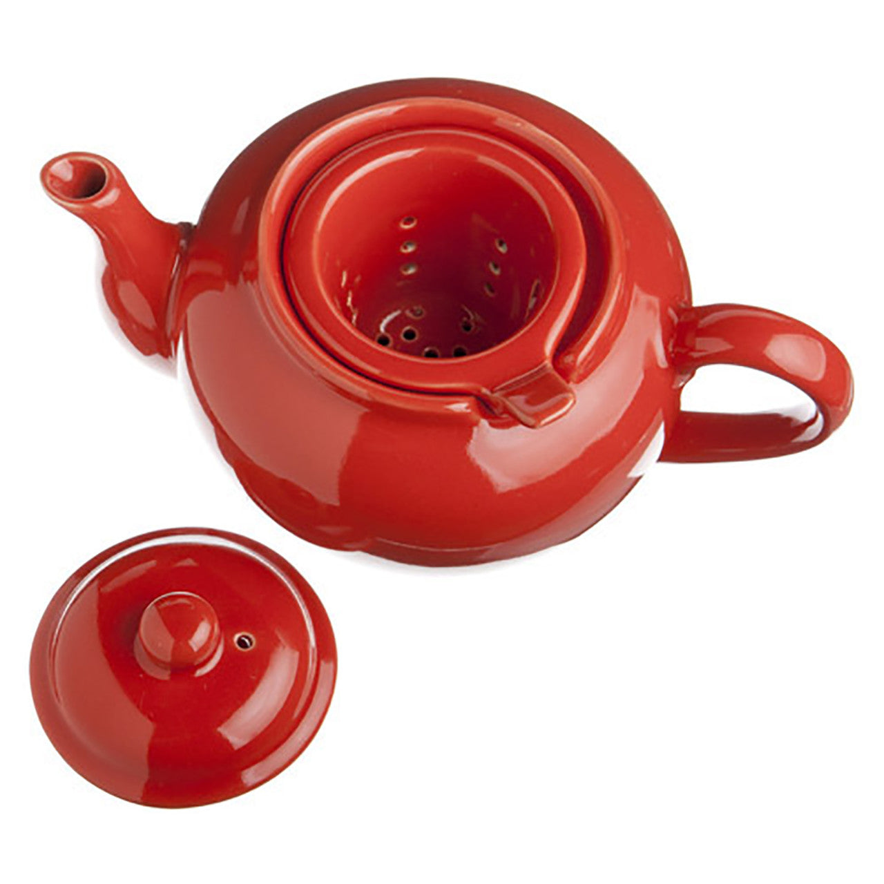Red ceramic teapot with lid on a white background