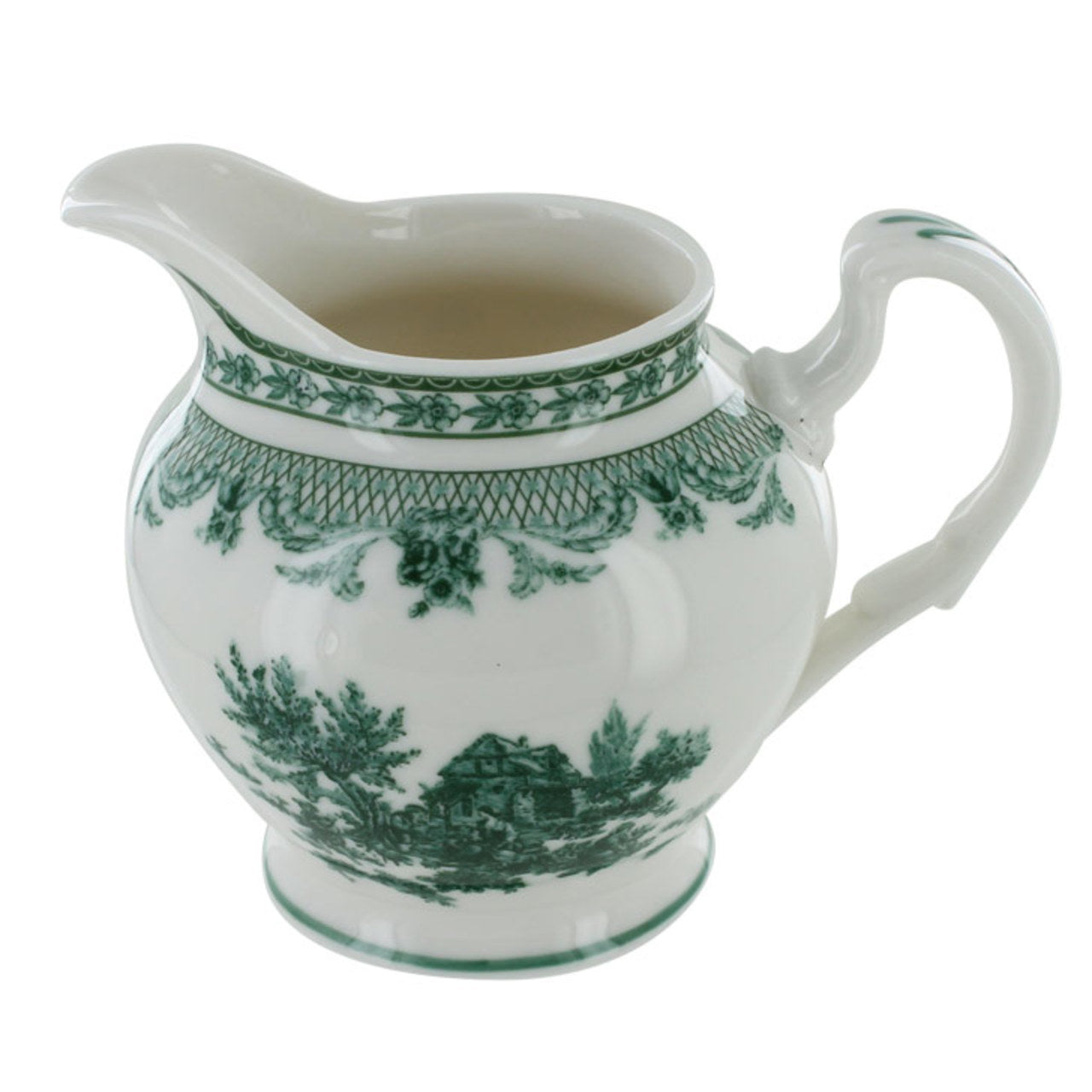 White porcelain pitcher with green floral patterns on a white background