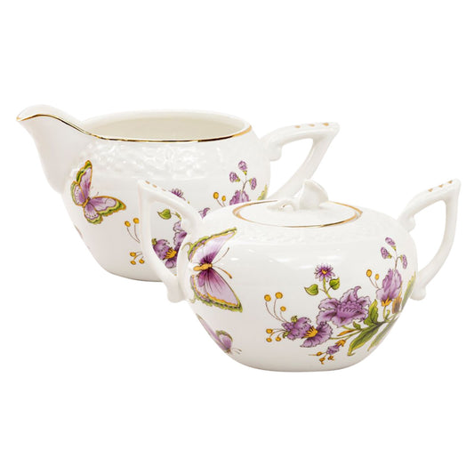 Purple Butterfly Porcelain Sugar and Creamer Set