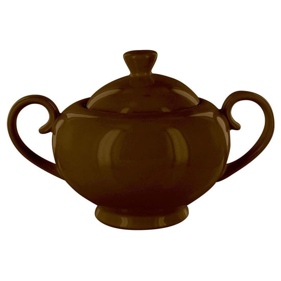 Brown ceramic sugar bowl with lid on a white background