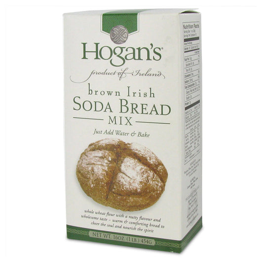 Box of Hogan's brown Irish Soda Bread Mix on a white background