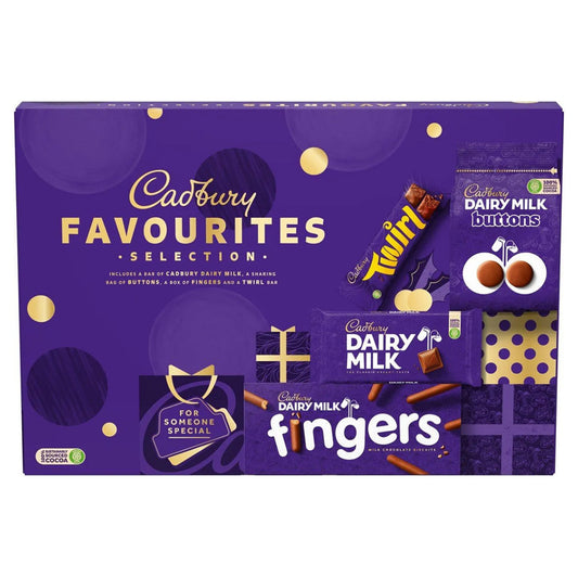 Cadbury Favourites Selection box with various chocolate bars on a white background