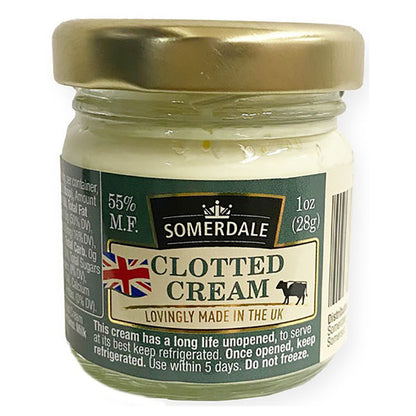 Jar of Somerdale clotted cream with gold lid on a white background