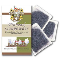 A pouch of English Tea Store's Gunpowder Green Tea bags, with a beige background and the brand's logo printed on the front.