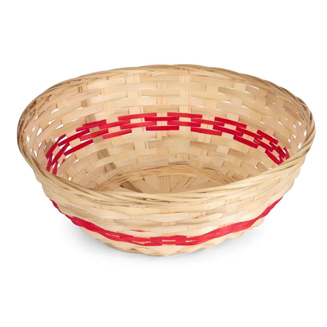 Woven basket with red accents on a white background
