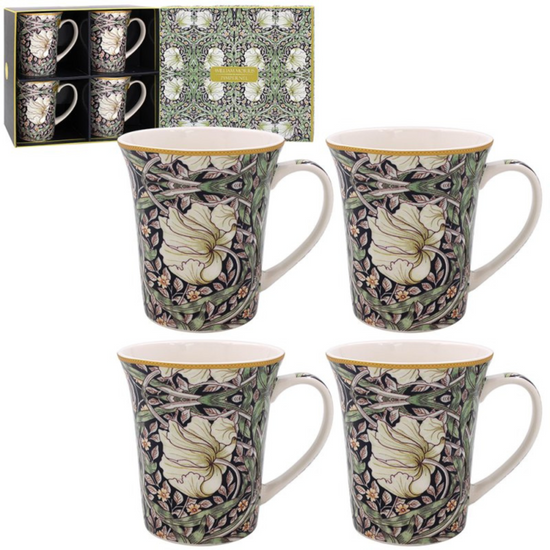 Set of four floral mugs with a matching box on a white background