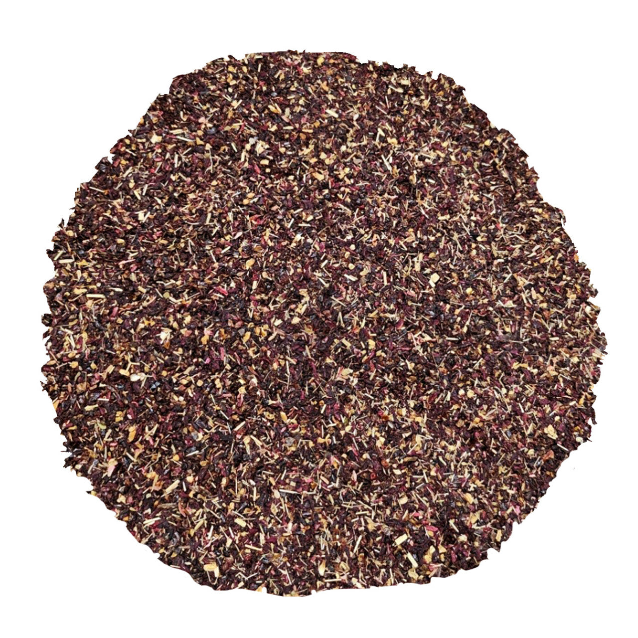 Round finely grounded dark tea leaves on a white background