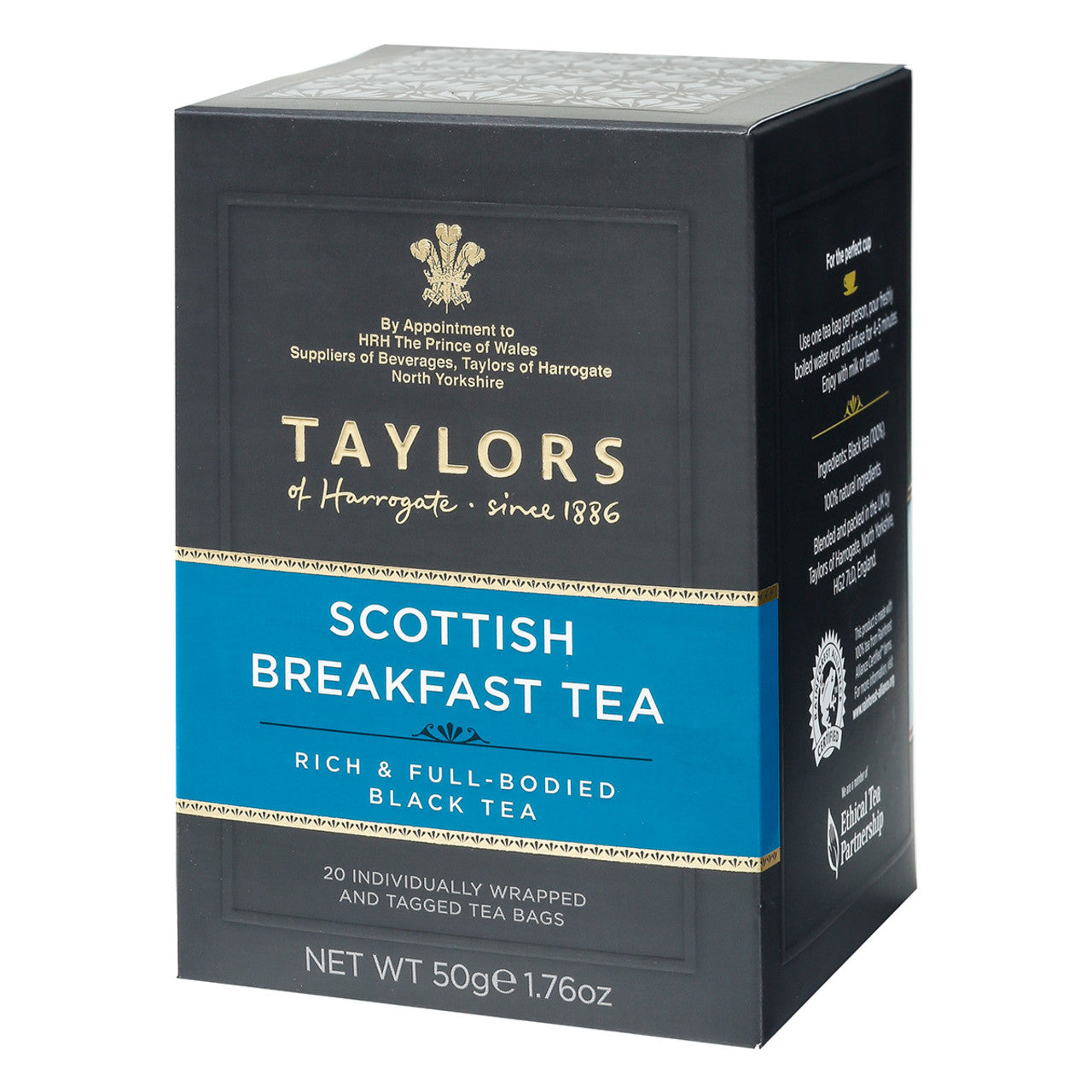 Box of Taylors Scottish Breakfast Tea on a white background