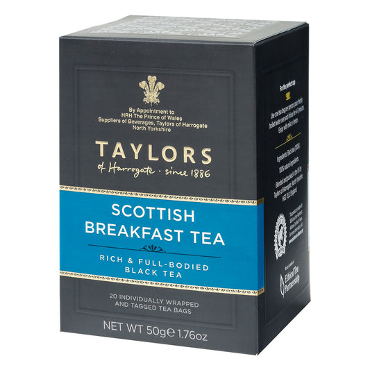 Box of Taylors Scottish Breakfast Tea on a white background