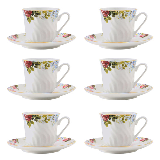 Set of six porcelain floral teacups and saucers on a white background