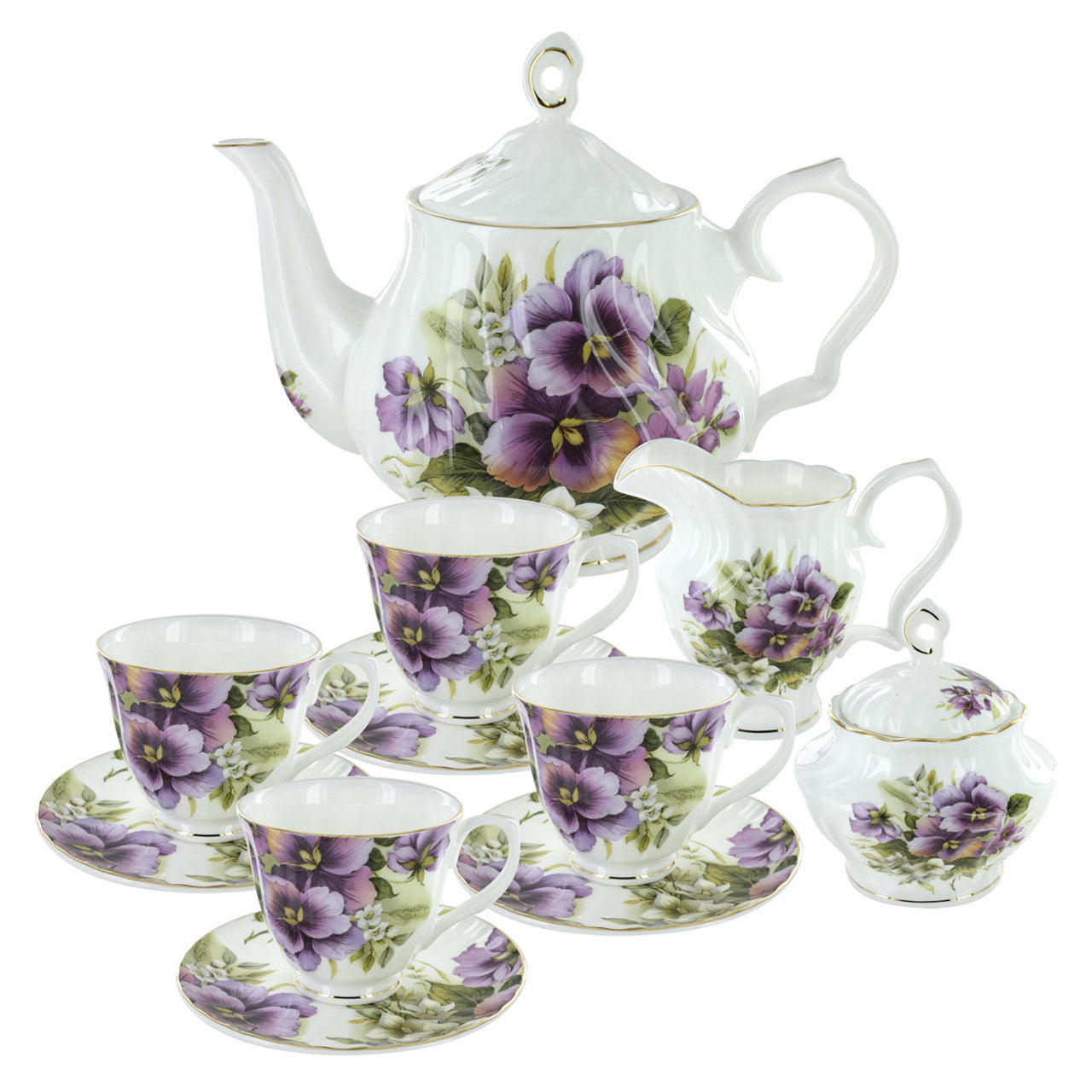 Purple Pansy Bone China Tea Set Bundle