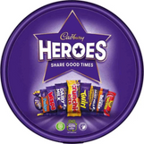 Cadbury Heroes chocolate bars in a purple tray with the Cadbury logo.