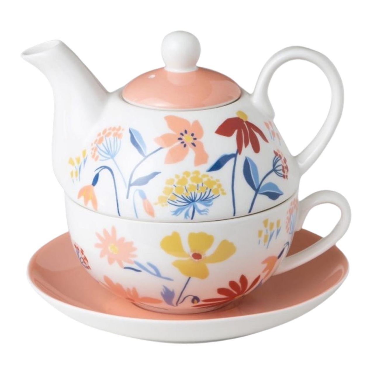 Modern Peach Floral Tea For One - 4 Piece Set - Image 1