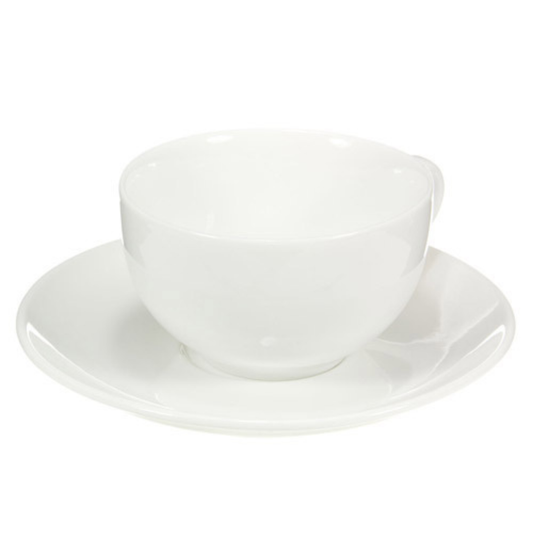 White ceramic teacup and saucer on a white background