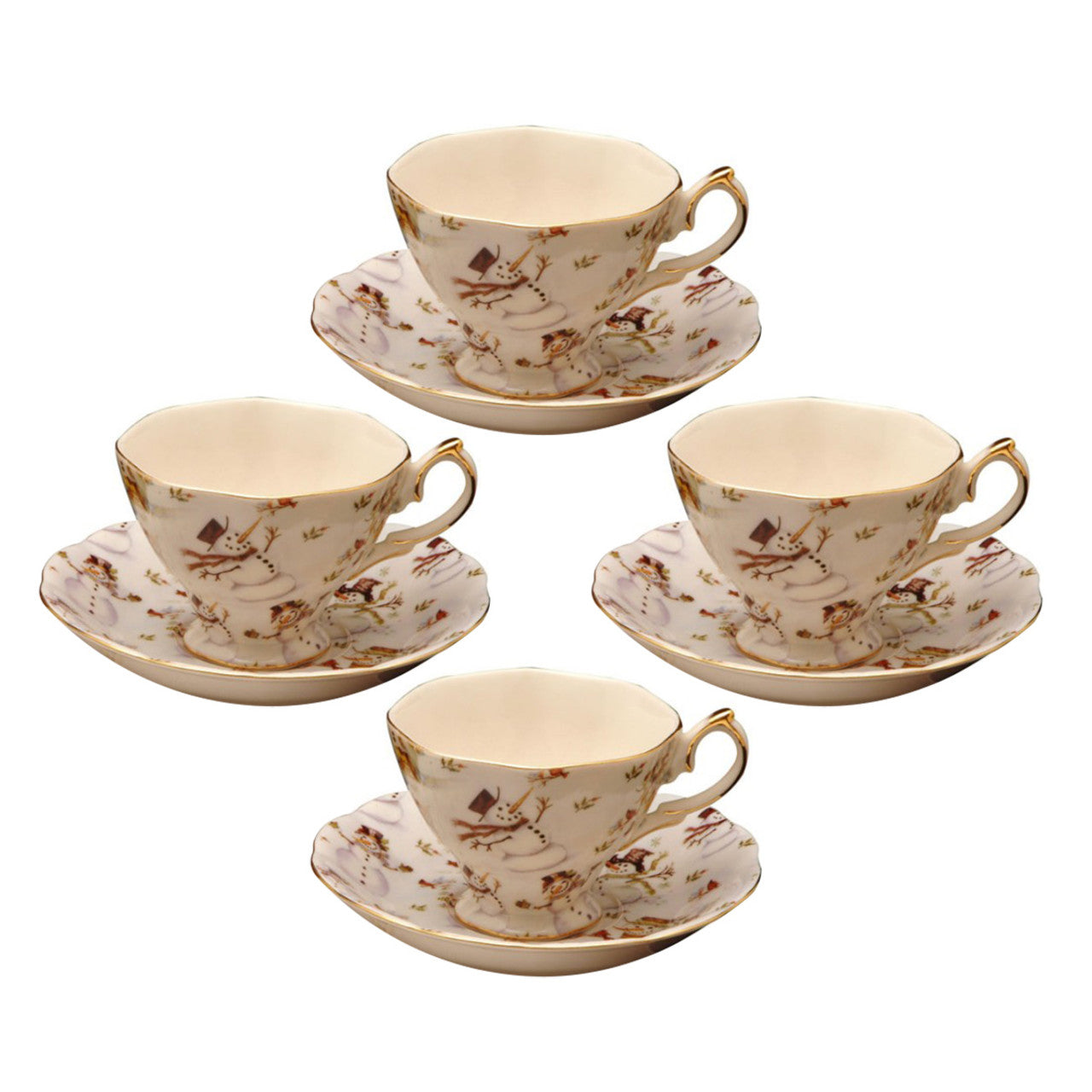 Snowman Porcelain Teacup and Saucer  - Set of 4 - Image 1