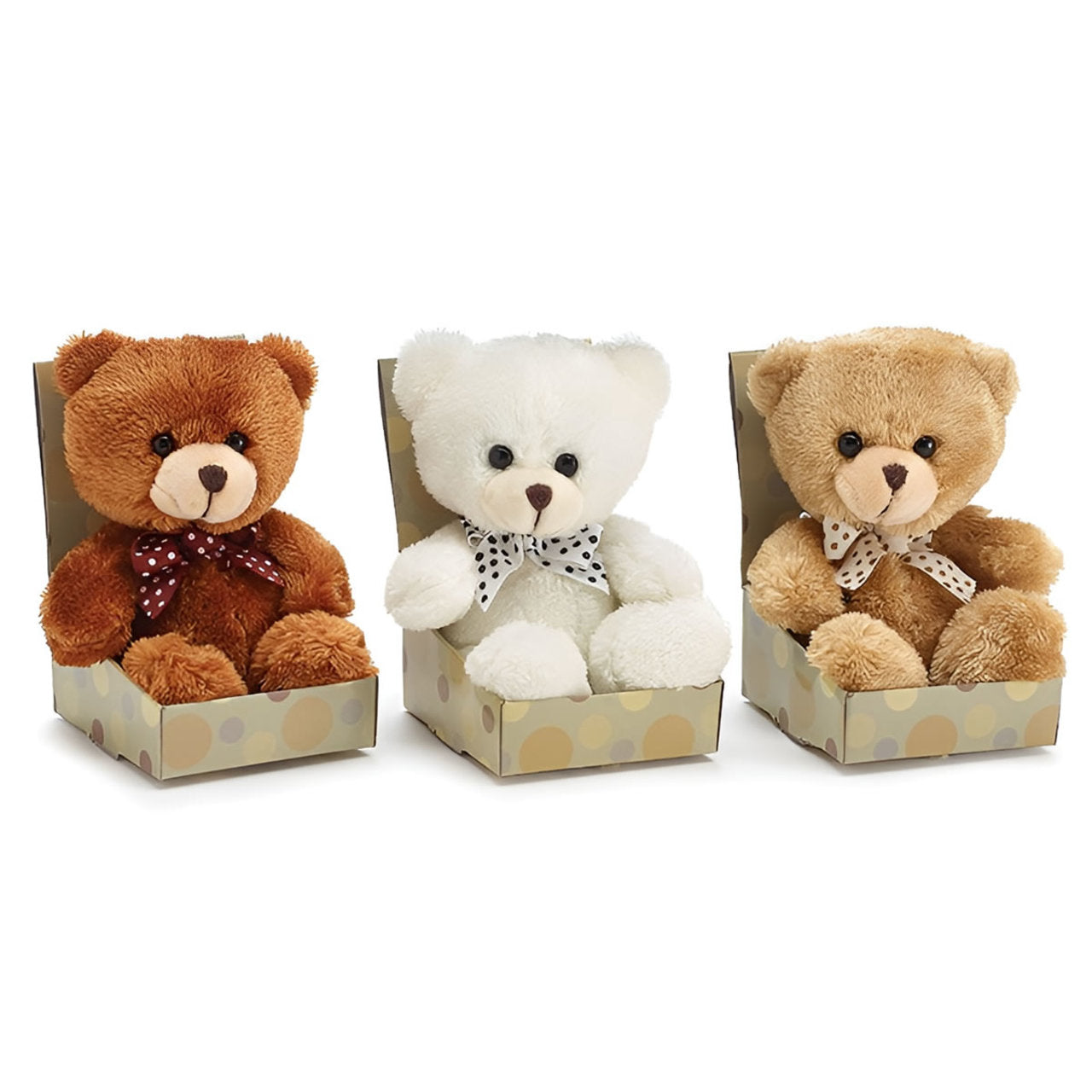 Three teddy bears in decorative boxes on a white background