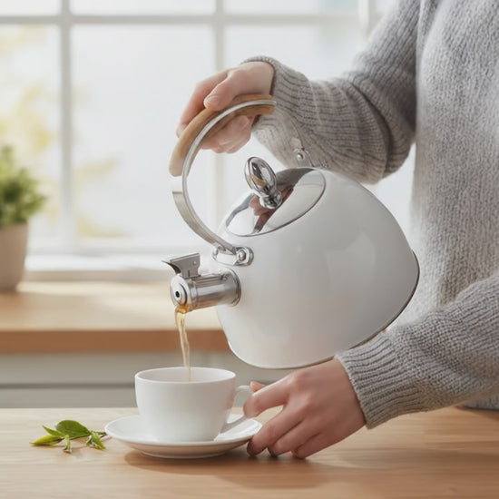 Video of a person using a Bamboo Handle Whistling Tea Kettle to pour tea into a teacup.