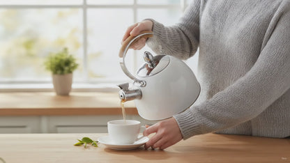 Video of a person using a Bamboo Handle Whistling Tea Kettle to pour tea into a teacup.