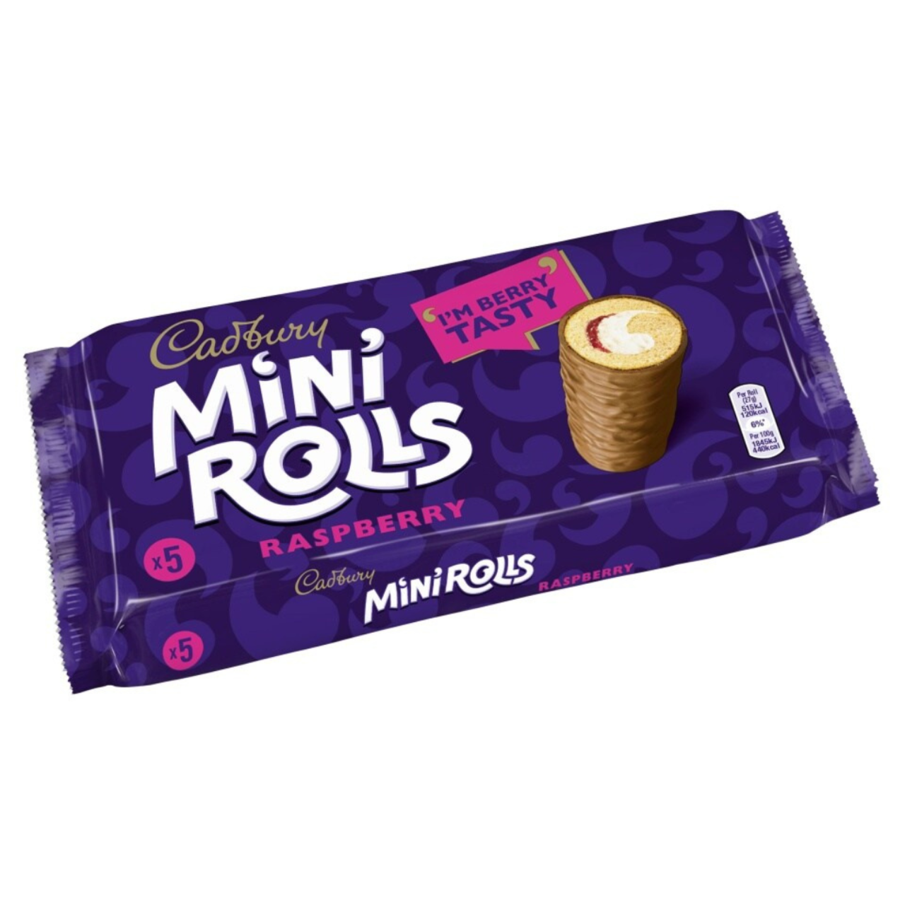 Packaging of Cadbury Mini Rolls Raspberry on a white background