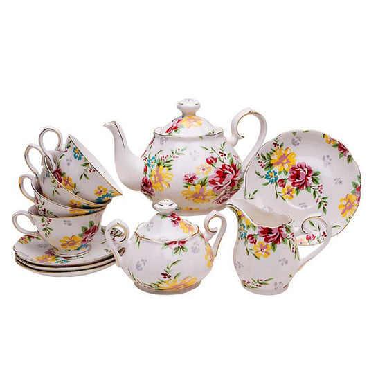 Cream Colored Shabby Rose - 11 Piece Porcelain Tea Set - Image 1