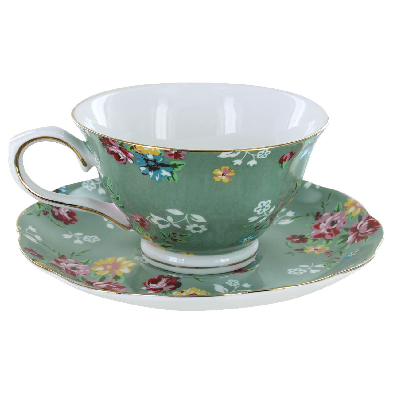 Shabby Rose Green Porcelain - Teacup and Saucer Set - Image 1