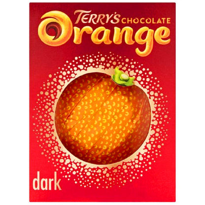Terry's Chocolate Orange packaging with a red background and orange chocolate orange visible