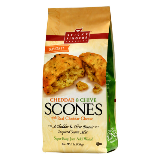 Package of Sticky Fingers Cheddar & Chive Scones mix on a white background