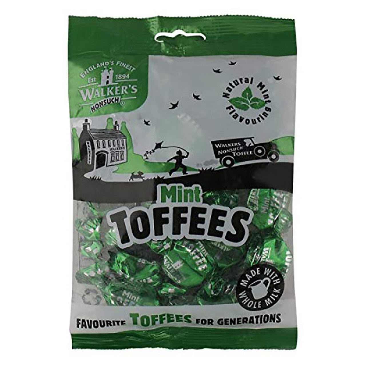 Packaging of Mint Toffees with Walker's branding on a white background
