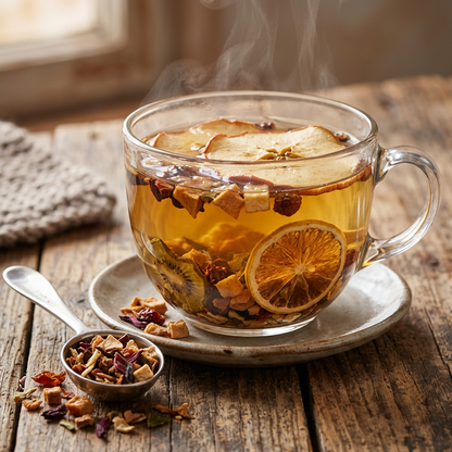 Cup of tea including dry citrus pieces on a wood table