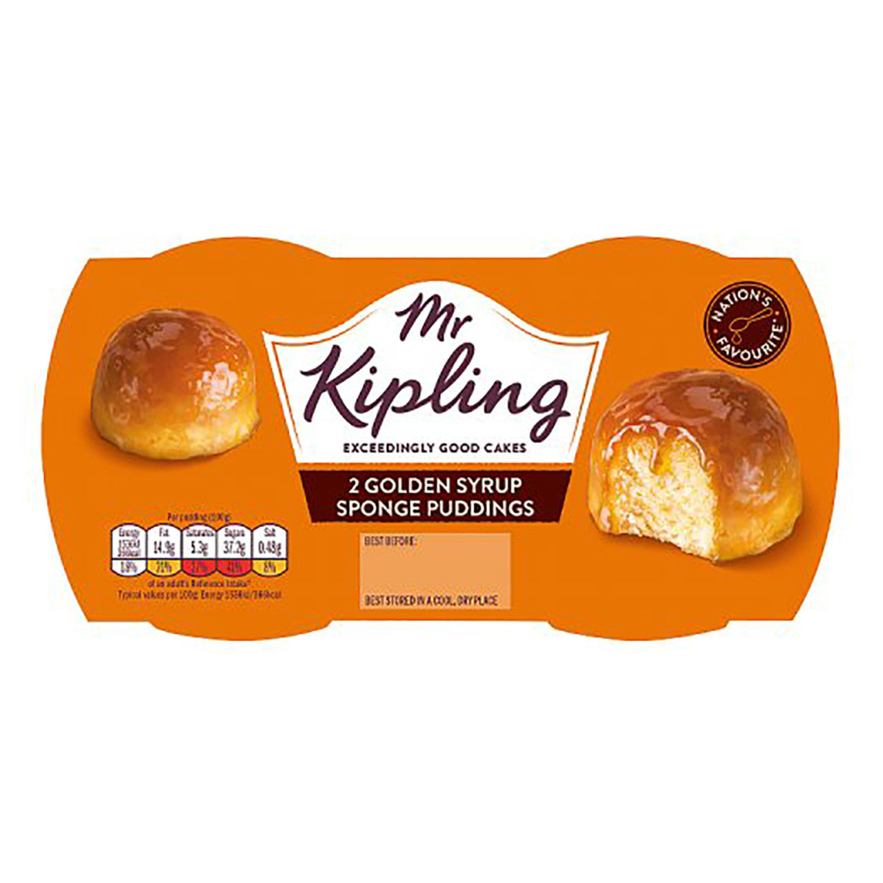 Pack of Mr Kipling Golden Syrup Sponge Puddings on an orange background