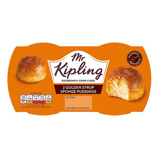 Pack of Mr Kipling Golden Syrup Sponge Puddings on an orange background