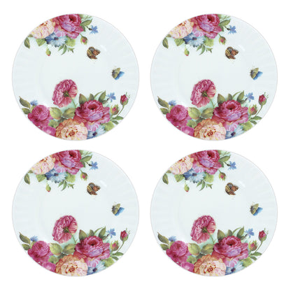 Set of four floral plates with pink roses and green leaves on a white background