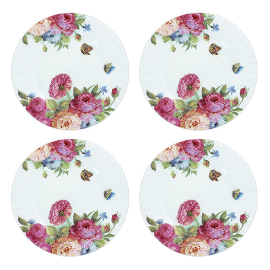 Set of four floral plates with pink roses and green leaves on a white background