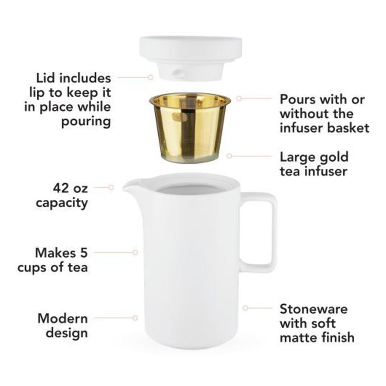Pinky Up Jona 5 Cup Infuser Teapot - Matte White Finish