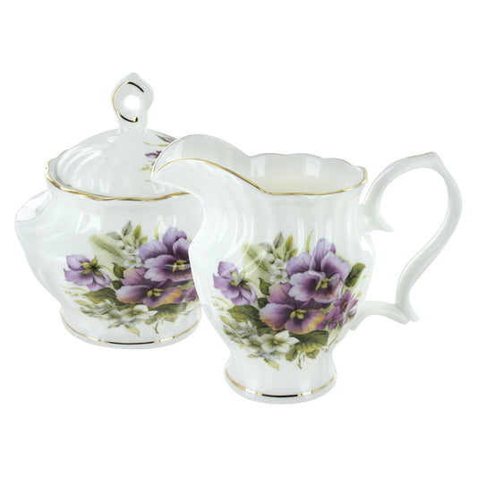 Purple Pansy Bone China - Sugar and Creamer Set - Image 1