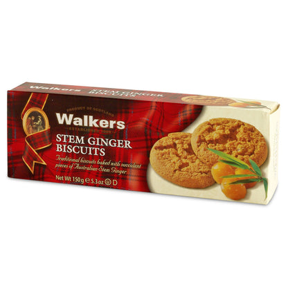 Box of Walkers Stem Ginger Biscuits with red plaid design