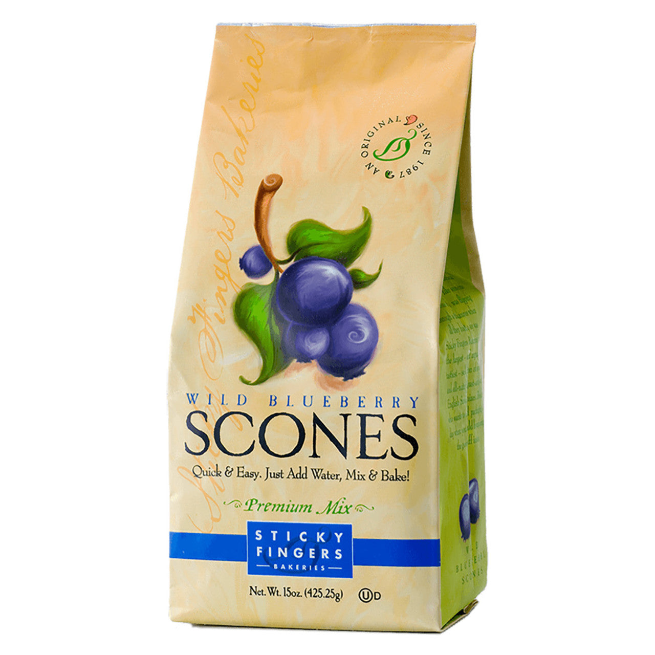 Bag of Sticky Fingers Wild Blueberry Scones mix on a white background
