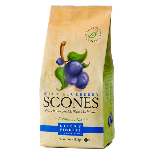 Bag of Sticky Fingers Wild Blueberry Scones mix on a white background