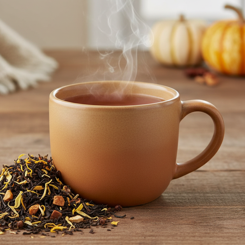 Mug of pumpkin spice tea steaming on a table