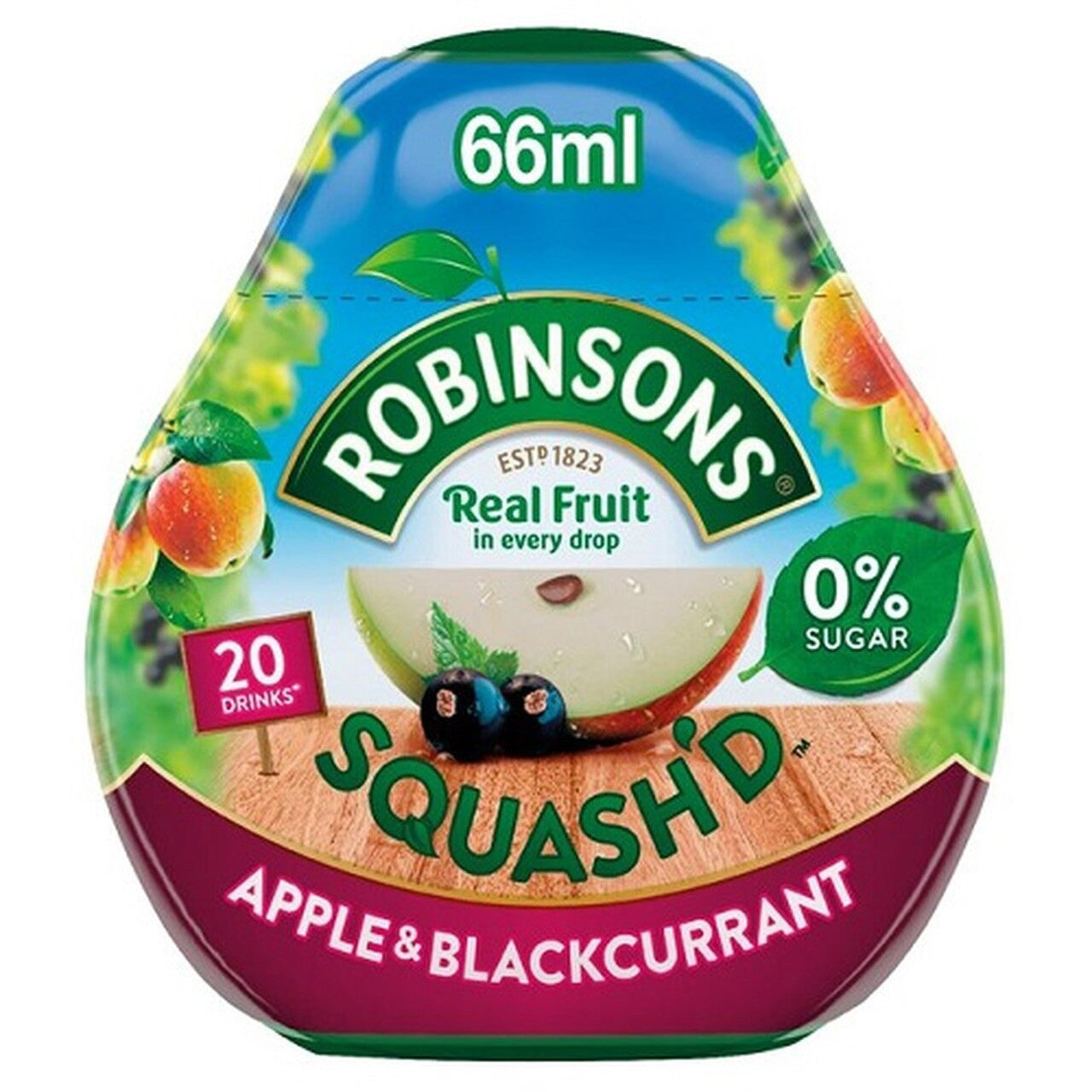 Robinsons Squash'd Apple & Blackcurrant fruit drink container on a white background