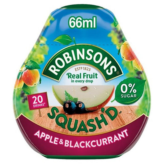 Robinsons Squash'd Apple & Blackcurrant fruit drink container on a white background