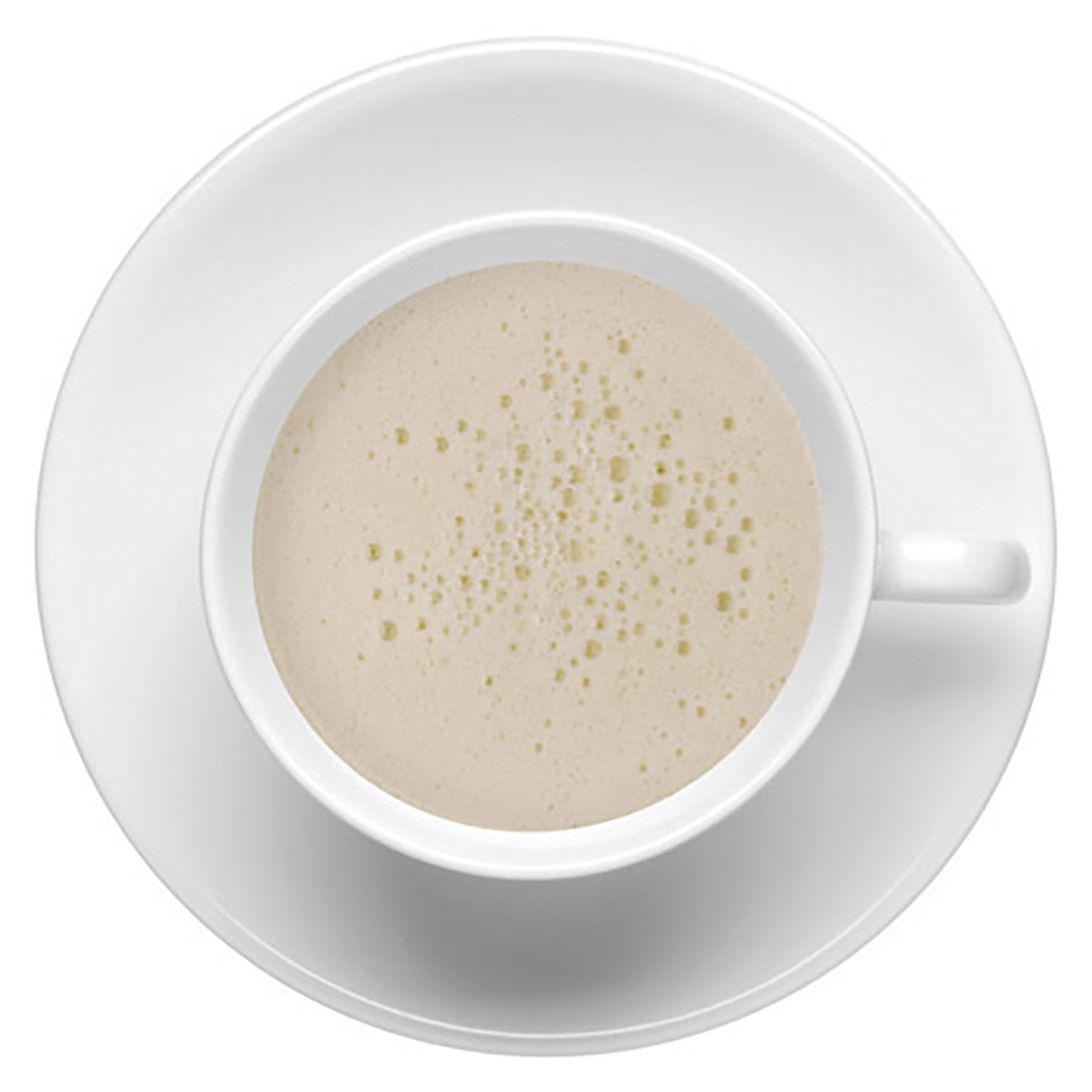 White cup with creamy beverage on a white saucer