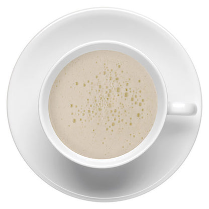 White cup with creamy beverage on a white saucer