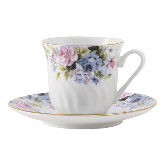 Floral porcelain teacup and saucer set on a white background