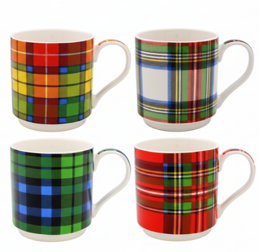 Set of four plaid patterned mugs on a white background