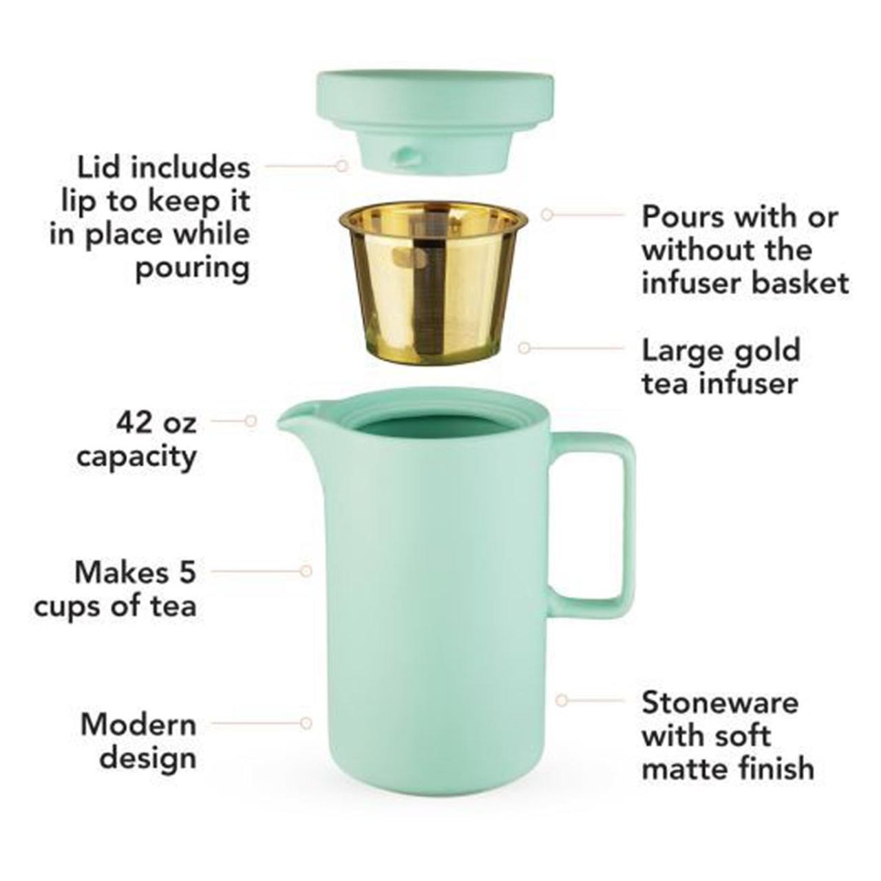 Pinky Up Jona 5 Cup Infuser Teapot - Matte Mint Finish
